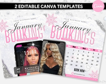 2 January Booking Flyers, New Year Booking Flyers, Book Now Appointments, Canva Template, Beauty, Lashes, Make up, Nails, Hair