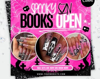 May include: A pink and black Halloween-themed advertisement with the text "SPOOKY SZN BOOKS OPEN." The image features nail art designs with spooky themes. The ad includes the text "NAIL SETS ARE NOW £68 BOOK NOW!" and a website address.