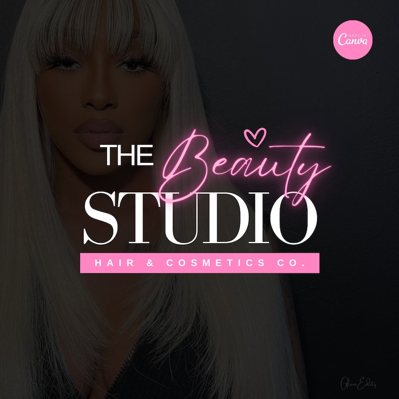 Może przedstawiać: Czarno-białe logo z r&oacute;żowym neonowym tekstem, kt&oacute;ry brzmi "THE Beauty STUDIO HAIR & COSMETICS CO."