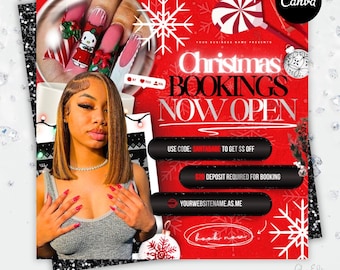 May include: A red and black Canva template with the text "Christmas Bookings Now Open." The image features a woman with long hair and a manicure with Christmas-themed nail art. Includes snowflakes and the text "Use code: SANTABABE to get $$ off."