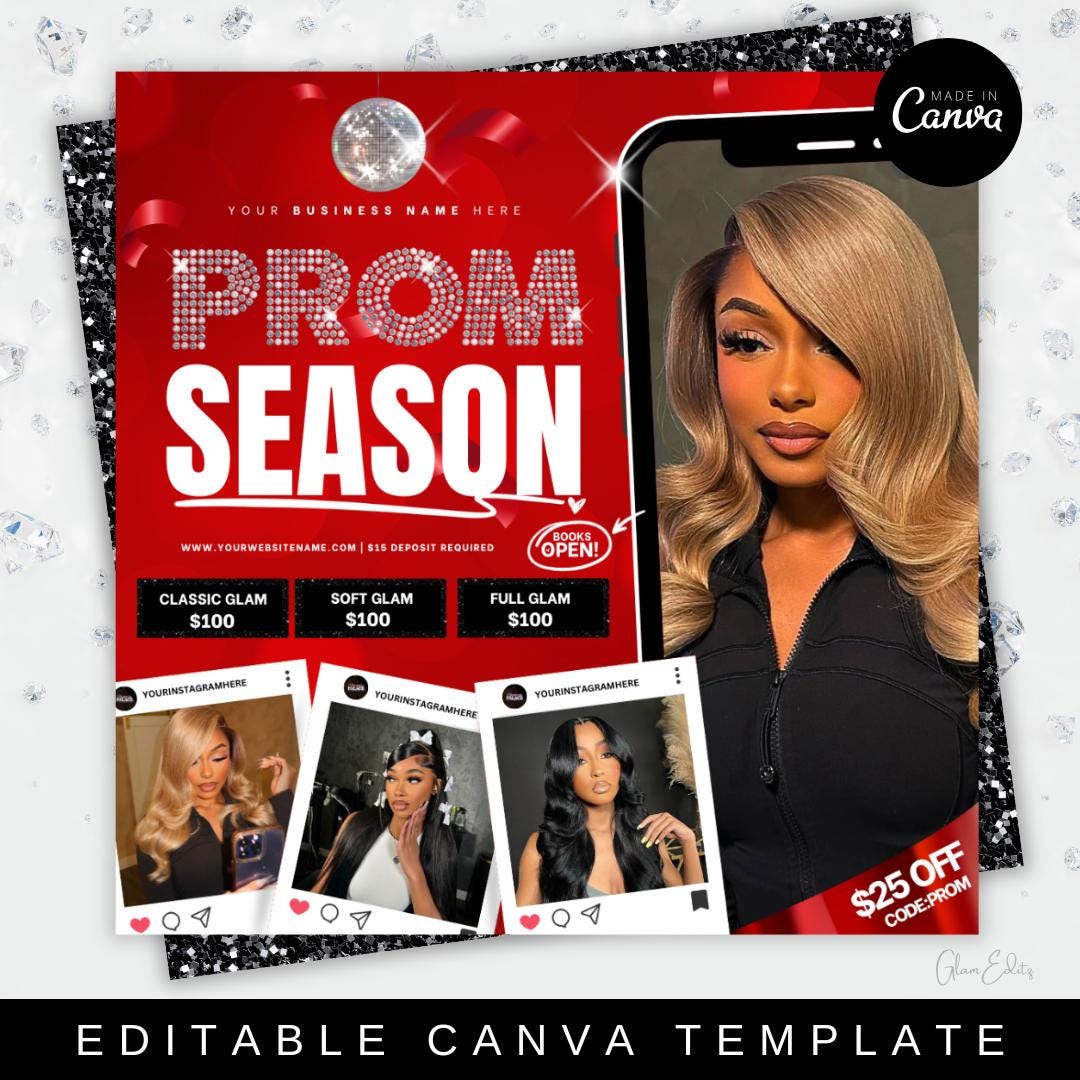 Prom Booking Flyer, Prom Special Flyer, Homecoming Flyer, Canva Template, Book Now Appointments, Beauty, Lashes, Make up, Nails,