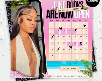 June Booking Flyer, Summer Booking Flyer, June Flyer, Canva Template, Book Now Appointments, Beauty, Lashes, Make up, Nails,