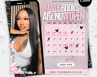 May Booking Flyer, Spring Booking Flyer, May Flyer, Canva Template, Book Now Appointments, Beauty, Lashes, Make up, Nails,