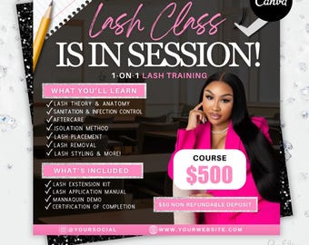 Lash Class Flyer, 1 on 1 Lash Class Flyer, Lash Tech Course, Canva Template, Lash Extensions Class, DIY Canva Template, Lash Flyer