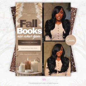 May include: A digital marketing flyer template featuring the text Fall Books are now open, with placeholders for business name, special offers, and social media links. The design includes two photos of a person with long black wavy hair and candles.