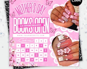 Boekingsflyer Moederdag, boekingsflyer mei, sjabloon folder Moederdagspecials, Nu boeken afspraken, schoonheid, wimpers, make-up, nagels,