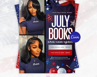 July Booking Flyer Template, Beauty Business, Canva Design (Digital Download)