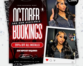 October Bookings Flyer, Halloween Bookings Flyer, Book Now Appointments, Canva Template, Beauty, Lashes, Make up, Nails, Hair