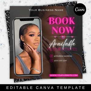 Plantilla de volante para salón de belleza: Diseño "Reserva ahora" (Canva editable)