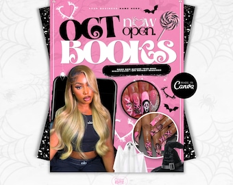 October Bookings Flyer, Halloween Bookings Flyer, Book Now Appointments, Canva Template, Beauty, Lashes, Make up, Nails, Hair