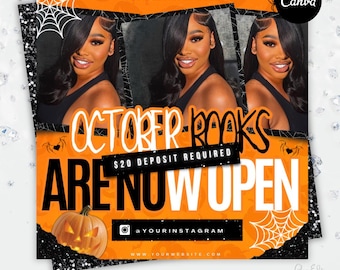 October Booking Flyer, Halloween Booking Flyer, Book Now Appointments, Canva Template, Beauty, Lashes, Make up, Nails, Hair