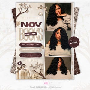 May include: A digital flyer template featuring the text NOV BOOKS NOW OPEN, three customizable rectangular buttons, and a white pumpkin graphic. The design includes three portrait photos of a person with long black wavy hair.