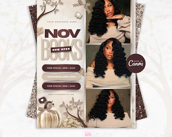 May include: A digital flyer template featuring the text NOV BOOKS NOW OPEN, three customizable rectangular buttons, and a white pumpkin graphic. The design includes three portrait photos of a person with long black wavy hair.