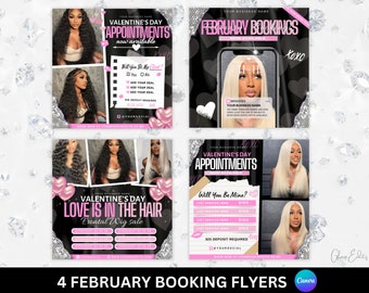 4 February Booking Flyers, Winter Booking Flyer, Valentines Day Flyer, Holiday Flyer, Canva Template, Beauty, Lashes, Make up, Nails