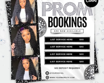 Prom Booking Flyer, Prom Special Flyer, Homecoming Flyer, Canva Template, Book Now Appointments, Beauty, Lashes, Make up, Nails,