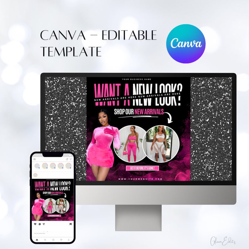 May include: A black and pink social media graphic with a glittery background. The graphic features a model wearing a pink outfit and the text "Want a new look? New arrivals are here! Shop our new arrivals!"