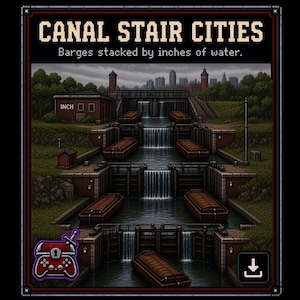 Peut inclure: Une illustration en pixel art intitulée CANAL STAIR CITIES avec le texte Barges stacked by inches of water. L'image représente un système d'écluses à plusieurs niveaux avec des péniches brunes, des bâtiments en briques et des chutes d'eau.