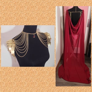 scalemaille piece with removable crimson red chiffon cape/cloak.