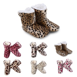 Women's Fuzzy Winter Slippers Booties Leopard Print Non-Slip Warm Fleece Indoor