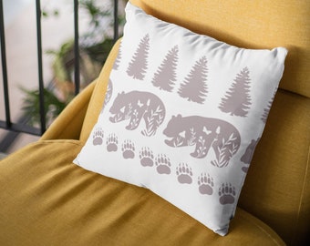 Whtie Log Cabin Inspired Spun Polyester Square Pillow with Trees, Bears and Bear Paw Prints | Rustic Pillow Room Decor