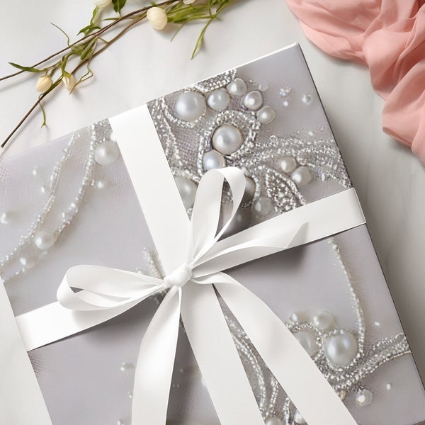 Elegant Silver and Pearls Graphic Designed Bridal Wedding Gift Wrapping Paper