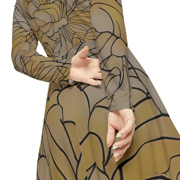 Robe de couleur rustique à manches longues pour femmes décontractées avec motif de tissu unique | Robe de danse à manches longues pour femmes (AOP) | Robe d'église modeste