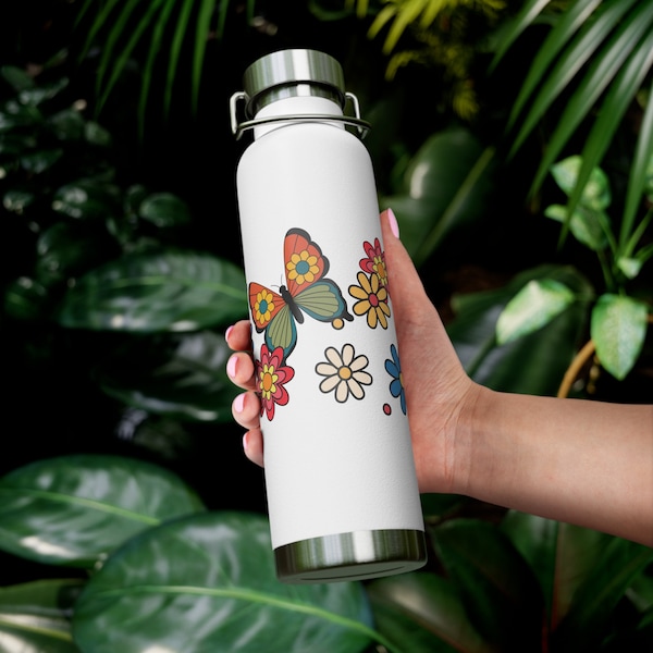 Retro Butterflies and Flowers on a Copper Vacuum Insulated Bottle, 22oz | Sports Bottle with Flower Print | Hot Yoga Insulated Water Bottle