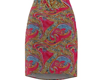 Red Asian Inspired Fabric Pattern Women's Pencil Skirt (AOP)