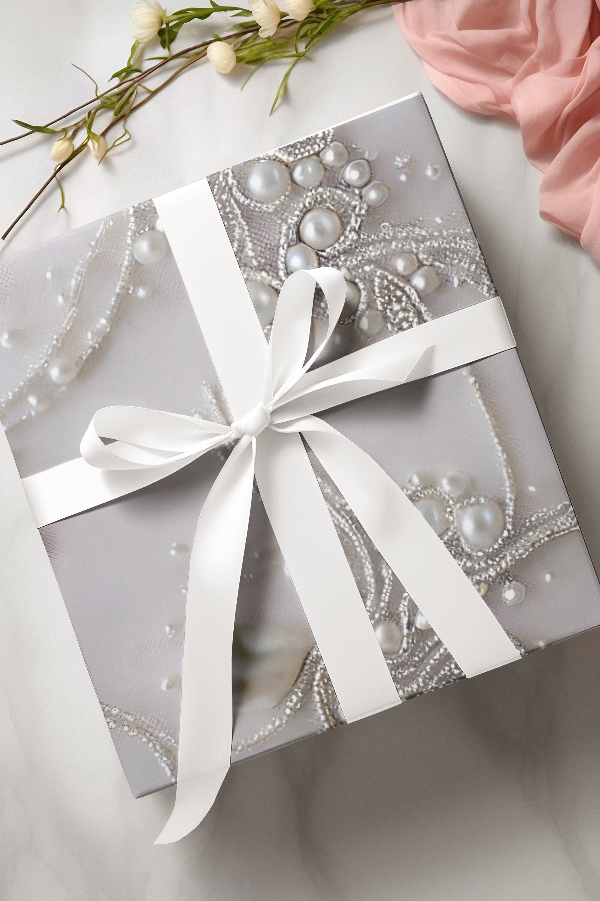 Hallmark Elegant Wedding Shimmering Pearl Stripes Gift Wrap