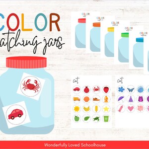 May include: Printable colour matching game for kids. The game includes six jars with lids in different colours, and two sheets of colourful images to cut out and match to the jars.