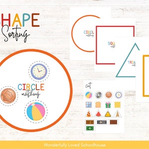 May include: A printable educational activity for children to learn about shapes. The printable includes a title "SHAPE Sorting", a cut-out sheet with various shapes, and three sorting sheets with circles, squares, and triangles.