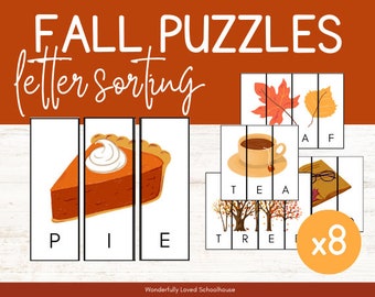 May include: A set of educational fall puzzles for letter sorting featuring illustrations of a pumpkin pie slice, a tea cup, autumn leaves, and trees. Each puzzle card is divided into vertical segments with letters spelling PIE, TEA, and TREE.