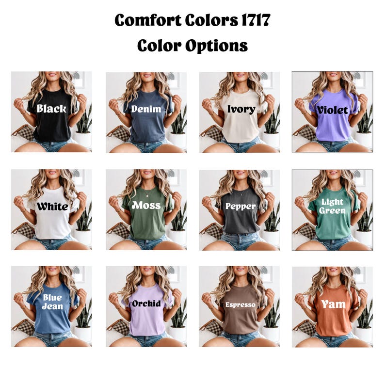 K&ouml;nnte beinhalten: Auswahl an Comfort Colors 1717 T-Shirts in verschiedenen Farben, darunter Schwarz, Denim, Elfenbein, Violett, Wei&szlig;, Moos, Pfeffer, Hellgr&uuml;n, Blue Jean, Orchidee, Espresso und Yam. Jedes Shirt wird von einer Person getragen.