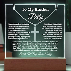 To My Brother Personalized Acrylic Plaque Night Light With Cross Necklace, Brother Christmas Gift, Birthday Gifts, Brother Graduation Gift
