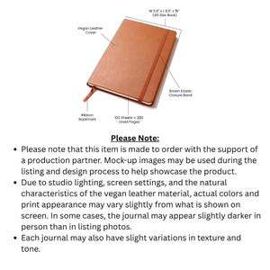 May include: A brown vegan leather A5 size journal with a ribbon bookmark and elastic closure band. The journal has 100 lined pages. The dimensions are 14.7 cm x 21.6 cm x 1.6 cm.