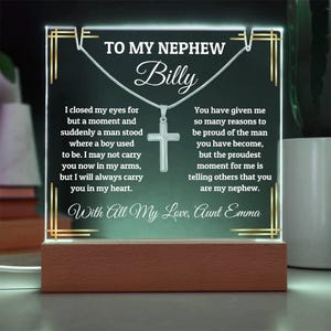 To My Nephew Personalized Plaque Night Light With Cross Necklace, Nephew Christmas Gift, Nephew Birthday Gifts, Graduation Gift For Nephew