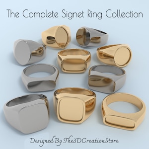 The Complete Signet Ring Collection - 10 customizable 3D Rings - Each in 19 sizes - Ready for 3D printing-CAD-casting-milling. Stl Fbx Obj