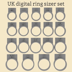 May include: A set of gray digital ring sizers, each with a letter from H to Z, arranged in rows. The text "UK digital ring sizer set" is at the top. The sizers are designed to measure ring sizes.
