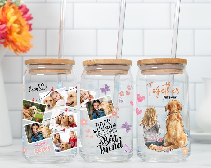 Personalized Dog Photo Collage Iced Coffee Cup, Personalized Pet Glass with Bamboo Lid, Dog Lover Gift, Dog Friend Memorial Gift