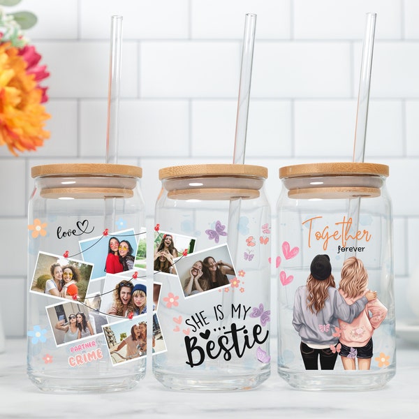 Bestie Photo Glass Coffee Cups with Lid & Straw, Personalized Photo Collage, Friends Cup, Iced Coffee Glass 16oz, Custom Friendship Gift