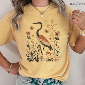Heron Shirt Linocut Shirt, Great Blue Heron Bird Lover Tee, Hippy Clothes Granola Girl Antique Folk Art Avian Aviary Gift Block Print Shirt