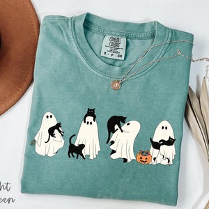 Halloween Black Cat & Ghost Comfort Colors Shirt, Halloween Ghost Tshirt, Spooky Season Cat Tee, Halloween Cute Women Outfit, Halloween Gift