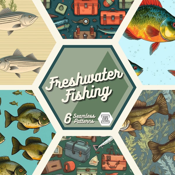 Freshwater Fishing Digital Pattern - Seamless Fishing Digital Design, Tileable Scrapbook Paper, Fish Illustration, Bass, Instant Download