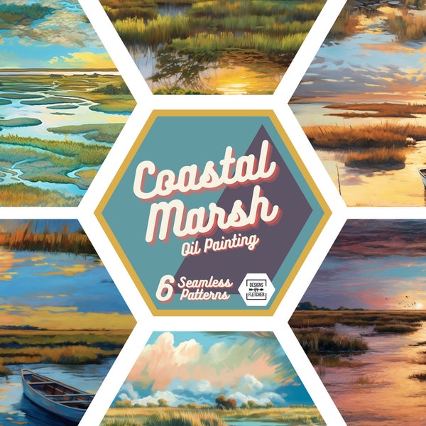 Coastal Marsh Illustration Digital Pattern, Seamless Coastal Marsh Digital Design, Printable Scrapbook Paper, Oil Painting, Instant Download