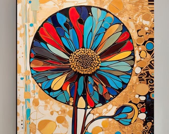 Könnte beinhalten: Abstrakte Malerei einer bunten Blume vor goldenem Hintergrund. Die Blume hat eine große, runde Mitte mit vielen Blütenblättern in Blautönen, Rot, Gelb und Grün. Der Hintergrund ist mit kleinen, runden Formen in Gold, Weiß und Blau gefüllt.