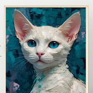 May include: A white cat with blue eyes is painted in a stylized, impressionistic style against a teal and purple background. The cat's fur is rendered with short, brushstrokes, giving it a textured appearance.