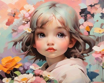 Ritratto di bambina con fiori, opera d'arte infantile fantasiosa (stampa digitale)