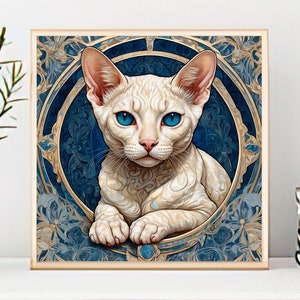 May include: Square framed artwork featuring a white cat with striking blue eyes. The cat is centered within a blue and gold decorative frame. The artwork is displayed on a white surface, with decorative elements in the background.