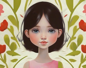 Ritratto di ragazza, stampa artistica, dipinto digitale floreale (download immediato)