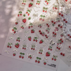 Silver line strawberry nail sticker, silver line cherry nail stickers, cherry strawberry nail decals, spring summer nail, DIY nails,3D nail